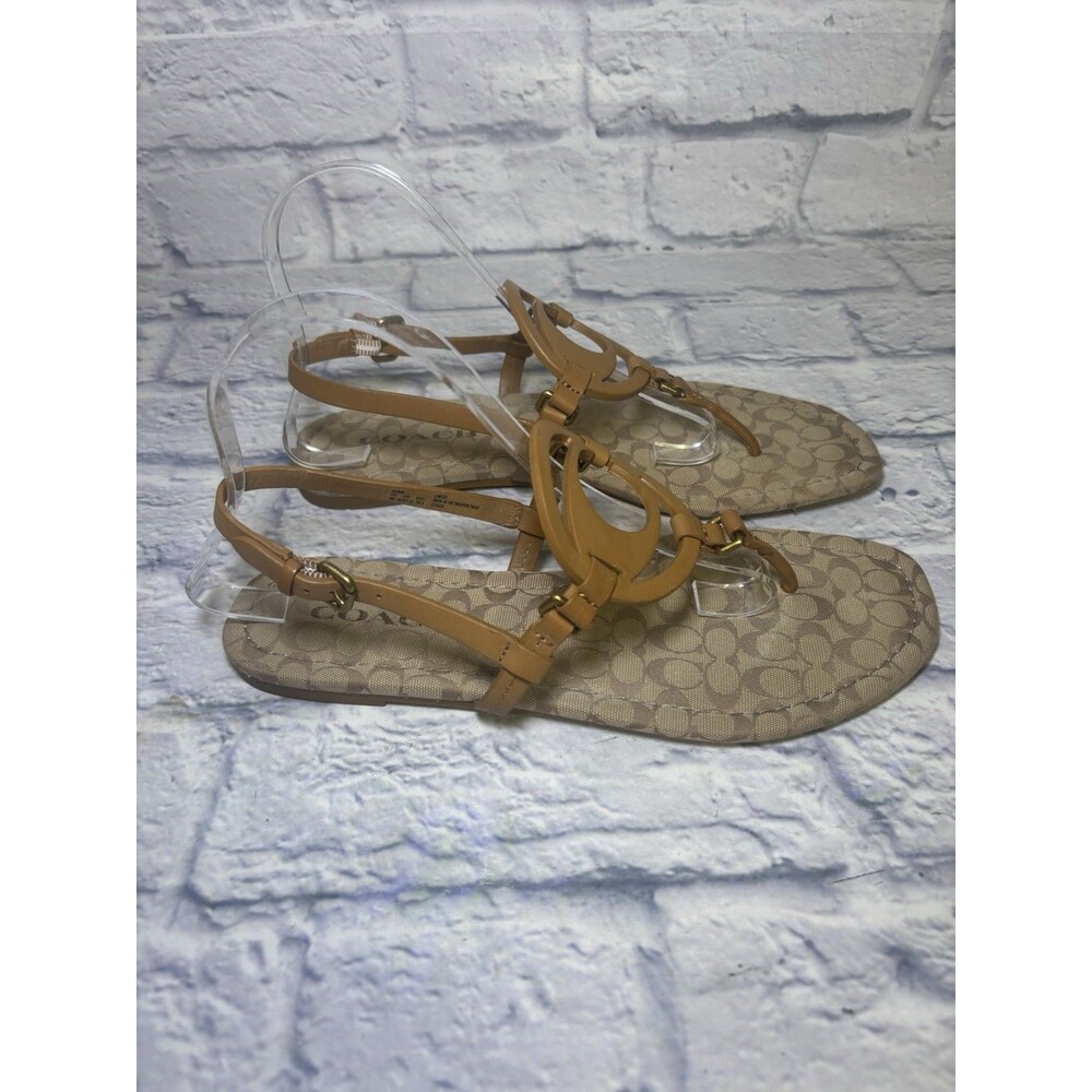 Coach Jeri Logo Genuine Leather Sandals Flats Thong Strappy Tan Sz 9 Eur 39.5 - Picture 4 of 9